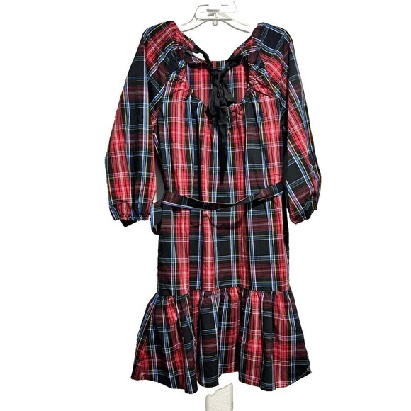 Draper James RSVP Tiered Midi Dress XL Red Black Plaid Smocked Bow Back Stretch - Picture 5 of 12